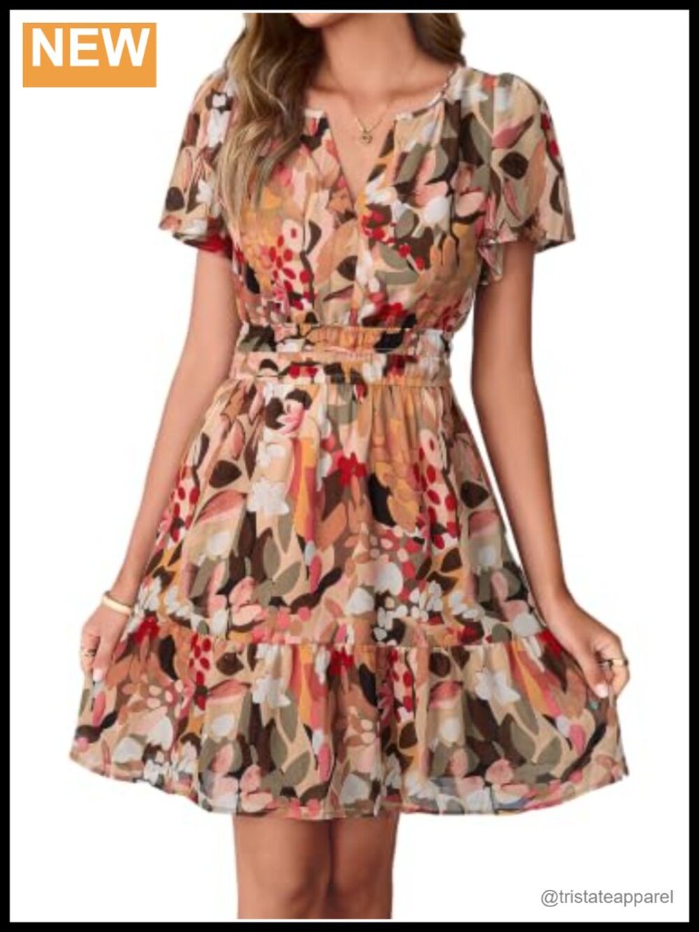 Floral Mini Dress Short Sleeve V Neck A-Line Chiffon Flowy Boho Summer